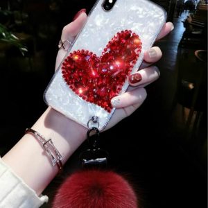 fashion heart shape rhinestone real cover tpu case luxury iphone 11promax xr xsmax x/xs hairball 6 7 8 plus case red green