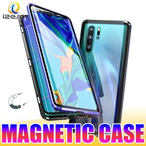 for huawei p30pro mate20 p20 oneplus 7 dual glass magnetic adsorption metal phone case aluminum alloy frame with double tempered glass izeso