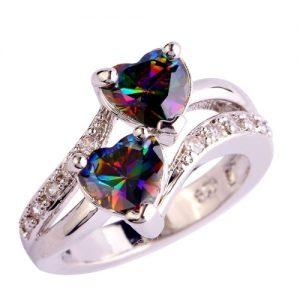 lingmei Fashion Lover Jewelry Heart Cut Rainbow & White Topaz Gemstone Silver Ring Size 13