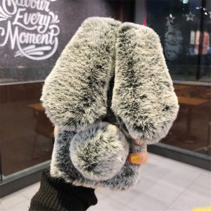 lovely soft 3d rabbit ears plush fur furry warm phone cases for iphone 11 xs max xr 7/8 cute soft tpu fluffy hair back cover for samsung