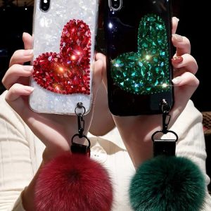 luxury iphone 11pro/11/11promax designer iphone xr xsmax x/xs hairball 7p/8p phone case fashion heart shape rhinestone real cover wholesale2