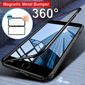 magnetic adsorption flip case for iphone x 8 plus 7 6 6s tempered glass back cover luxury metal bumpers for iphone 7 8 hard case