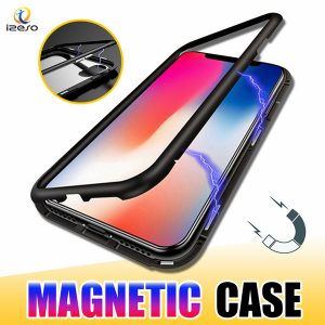 magnetic adsorption metal phone case for iphone 11 pro xr xs max x full coverage aluminum alloy frame with tempered glass back cover