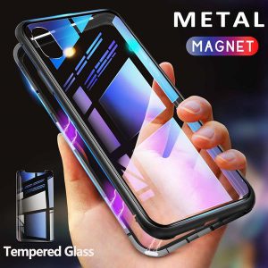 magnetic adsorption metal phone case for iphone 11 xr xs max x 8 plus full coverage aluminum alloy frame with tempered glass back cover