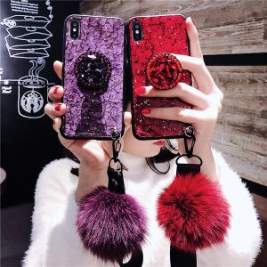 new luxury shiny 3d diamond gemstone bracelet fashion fox fur ball matte cover case for iphone max xs 7 8 plus phone cases