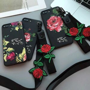 new phone case for iphone x/xs xr xsmax 6/6s 6p/6sp 7/8 7p/8p soft tpu phone case with lovely rose painting embroidery lanyard 3 styles