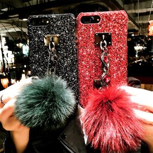 phone cases luxury shiny 3d diamond bracelet for iphone11 pro xs 8 plus x phone cases fox fur ball matte cover case