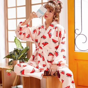 sleepwear set autumn winter 2019 long sleeved trousers flannel v-neck print soft and thickened lace home suit two-piece set