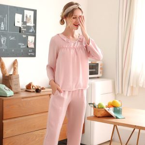 spring and summer women's comfortable simple korean style long sleeve and trousers loose style female lacy pajamas