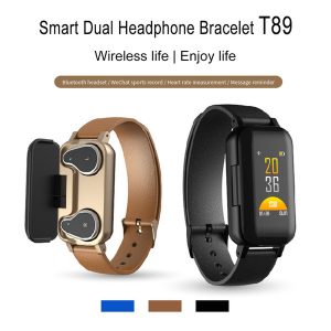 t89 tws smart binaural bluetooth headphone fitness bracelet heart rate monitor smart wristband sport watch men women with retail package