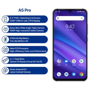 umidigi a5 pro global version android 9.0 octa core 4gb 32gb 6.3' fhd+ 16mp triple camera 4150mah fast charge celular smartphone