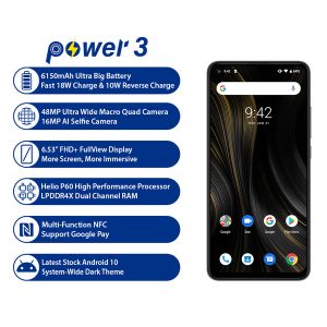 umidigi power 3 global smartphone android 10 6.53" fhd+ 6150mah 48mp quad ai camera 4gb+64gb dual 4g volte mobile phone nfc