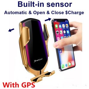 with gps location r1 automatic clamping wireless fast car charger holder infrared sensor 10w fast charging charger for iphone x xs samsung