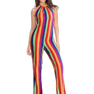 1970s Costume Backless Rainbow Jumpsuit Hippies Halloween Costume Red Retro Costumes