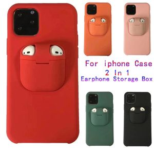 2 in 1 earphone storage box silicone phone case for iphone 11 pro max airpods 13 colors