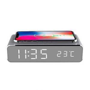 2019 travel electric led alarm clock with phone wireless charger deskdigital thermometer clock hd mirror clock with time memory