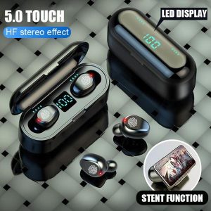 50pcs f9 tws wireless earphone bluetooth v5.0 earbuds bluetooth headphone led display with 2000mah power bank headset with microphone