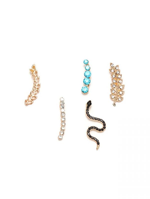 5Pcs Rhinestone Inlaid Snake Leaf Earrings Set