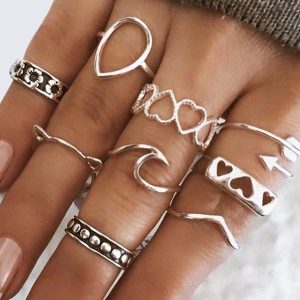 9Pcs Hollow Heart Floral Arrow Cat Ring Set