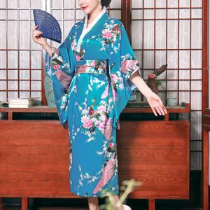 Adult's Japanes Costumes Cyan Blue Kimono Polyester Satin Dress Oriental Set Holidays Costumes