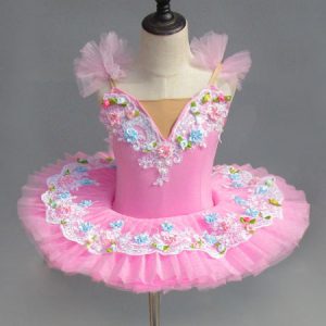 Ballet Dance Costume Pink Lace Flowers Pleated Ballerina Dress