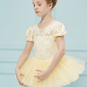 Ballet Dance Costumes Yellow V Neck Short Sleeve Slim Fit Ballerina Tutu Dress For Kids