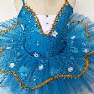 Ballet Dance Dress Blue Lace Pleated Applique Tutu Ballerina Costume