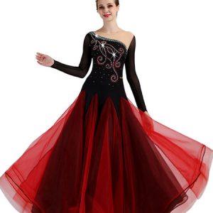 Ballroom Dance Costume Burgundy Women Long Sleeve Organza Beading Training Dancing Dresses