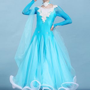 Ballroom Dance Costume Dresses Choker Long Sleeve Beaded Applique Training Performance Dancing Wear Halloween