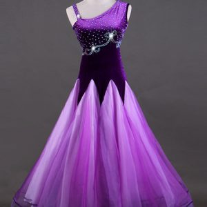 Ballroom Dance Costume Dresses Purple Women Long Sleeve Organza Beaded Practice Dancing Costume