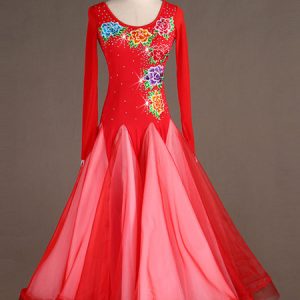 Ballroom Dance Costume Long Sleeve Women Organza Beaded Floral Dresses Halloween