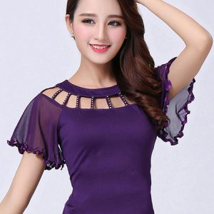 Ballroom Dance Costume Top Red Women Short Sleeve Cut Out Training Dancing Clothes