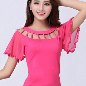 Ballroom Dance Costume Top Red Women Short Sleeve Cut Out Training Dancing Clothes