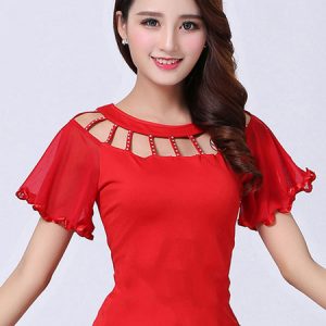 Ballroom Dance Costume Top Red Women Short Sleeve Cut Out Training Dancing Clothes