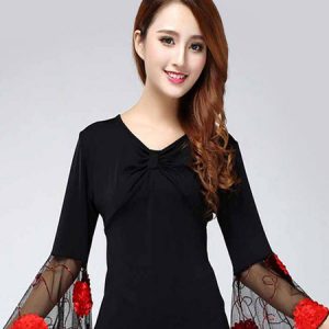 Ballroom Dance Costume Top Women Long Sleeeve V Neck T Shirt Top