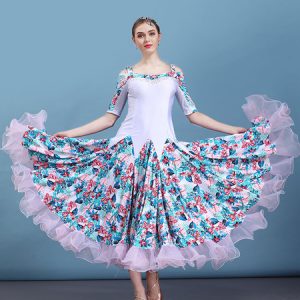 Ballroom Dance Costume White Floral Print Half Sleeve Women Training Dancing Dresses