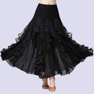 Ballroom Dance Costumes Black Milk Silk Sequins Ruffles Long Skirt Ballroom Dancer Dance Dress