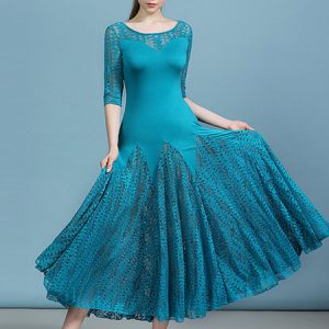 Ballroom Dance Costumes Leaf Pattern Lace Cyan Blue Dancer Dress Women Dance Dress