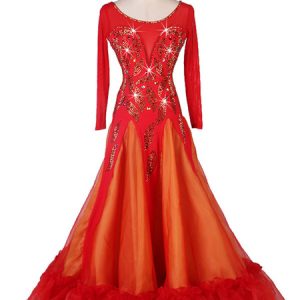 Ballroom Dance Costumes Red Rhinestone Ruffle Women Lycra Spandex Dress Dancing Wear