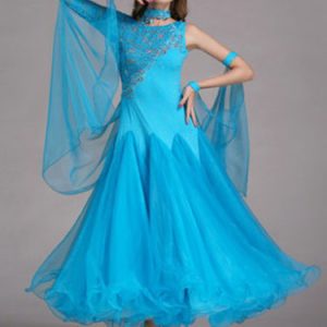 Ballroom Dance Dress Light Sky Blue Tulle One Sleeve Ballroom Dancing Costume