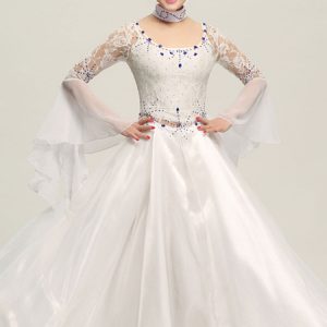 Ballroom Dance Dress White Tulle Illusion Long Bell Sleeve Ballroom Dancing Costume