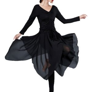 Ballroom Dance Dress Women Black Long Sleeve Ruched V Neck Training Dancing Costume