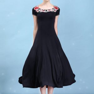 Ballroom Dance Dresses Black Floral Short Sleeve Women Dancing Costume