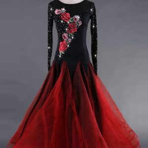 Ballroom Dance Dresses Costume Women Long Sleeve Black Beading Organza Training Dancing Clothes