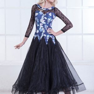 Ballroom Dance Dresses Women Long Sleeve Printed Organza Lace Practice Dancing Costume