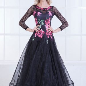 Ballroom Dance Dresses Women Long Sleeve Printed Organza Lace Practice Dancing Costume