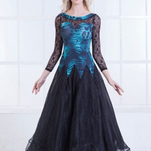 Ballroom Dance Dresses Women Long Sleeve Printed Organza Lace Practice Dancing Costume