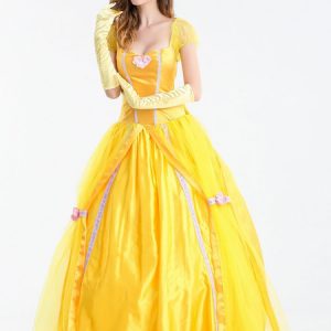 Beauty And The Beast Dress Yellow Scoop Princess Dress Cosplay Costume With Gloves Halloween