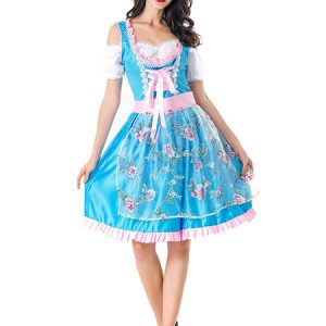 Beer Girl Costume Floral Print Light Sky Blue Dress Holidays Costumes Oktoberfest Costumes