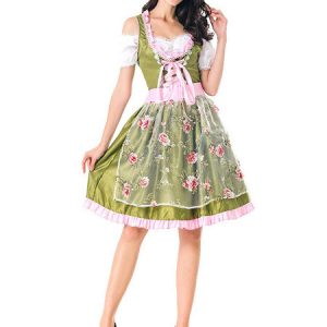 Beer Girl Costume Floral Printed Lace Dress Grass Green Halloween Holidays Costumes Oktoberfest Costumes